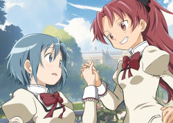 Rule 34 | 2girls, blue eyes, blue hair, bow, hair bow, long hair, looking at another, mahou shoujo madoka magica, miki sayaka, mitakihara school uniform, multiple girls, open mouth, ponytail, red eyes, red hair, sakura kyoko, school uniform, short hair, smile, sy-km-sizuku