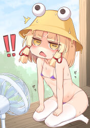 ! !! 1girl absurdres bikini blonde_hair blue_sky blunt_bangs blush breasts bucket_hat cloud commentary_request covered_erect_nipples day electric_fan full_body hair_ribbon harunoha hat highres horizontal_pupils hot looking_at_viewer medium_hair micro_bikini moriya_suwako open_mouth outdoors purple_bikini red_ribbon ribbon seiza shaded_face sitting sky small_breasts solo sweat swimsuit thighhighs touhou v-shaped_eyebrows white_thighhighs yellow_eyes yellow_hat