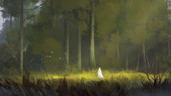 Rule 34 | 1other, cambocreation, cloak, flock, forest, from behind, grass, hood, hooded cloak, looking ahead, nature, original, painterly, plant, scenery, sunlight, tree, vines, white cloak