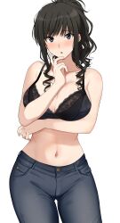 1girl :o absurdres amagami black_bra black_hair black_pants blue_eyes blush bra breasts cleavage collarbone commentary_request cowboy_shot denim drill_hair hand_up highres jeans large_breasts looking_at_viewer mobu morishima_haruka navel no_shirt pants parted_lips ponytail sidelocks simple_background smile solo stomach thighs underwear variant_set white_background