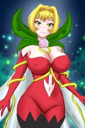 1girl armpit_crease between_breasts black_boots blonde_hair bodysuit boots breasts brooch cape cleavage closed_mouth clothing_cutout commentary_request covered_erect_nipples cowboy_shot digimon digimon_(creature) digimon_adventure:_(2020) digimon_adventure_tri. digimon_savers elbow_gloves fusion gloves green_cape green_eyes hair_between_eyes hair_intakes jewelry large_breasts long_hair navel navel_cutout no_mask plant red_bodysuit red_gloves rosemon sidelocks smile solo standing thigh_boots thigh_gap tiferet vine_whip vines whip withlike