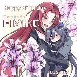 2girls black_dress black_gloves black_jacket black_leotard blush closed_eyes commentary_request dated dress elbow_gloves flower fu_hua fu_hua_(shadow_knight) gloves grey_hair h3_hk happy_birthday highres honkai_(series) honkai_impact_3rd hug jacket leotard long_hair multiple_girls murata_himeko open_mouth ponytail red_hair smile