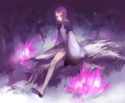 Rule 34 | 1girl, bad id, bad pixiv id, crystal, female focus, flower, forest, jimu kaji, kajimiya (kaji), kneehighs, legs, log, long sleeves, nature, purple hair, purple theme, sitting, sitting on object, sleeves past wrists, socks, solo, tree, wide sleeves