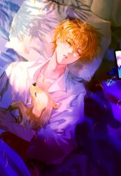 Rule 34 | 1boy, absurdres, animal, bed, blanket, blonde hair, cellphone, chinese commentary, closed eyes, collarbone, collared shirt, dog, driedpersimmonisverydelicious, hair between eyes, highres, holding, holding animal, huang shaotian, indoors, long sleeves, lying, male focus, on back, on bed, open mouth, pajamas, pants, parted lips, phone, pillow, quan zhi gao shou, shade, shadow, shirt, short hair, sleeping, smartphone, solo, teeth, under covers, white shirt