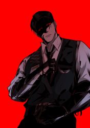 05_soleil 1boy adjusting_clothes adjusting_necktie black_eyes black_hair black_vest blood blood_on_clothes blood_on_face bloody_weapon collared_shirt colored_sclera gauntlets hair_slicked_back head_tilt highres id_card lcb_uniform_(project_moon) limbus_company looking_at_viewer meursault_(project_moon) necktie partially_shaded_face project_moon red_background red_necktie red_sclera shirt solo upper_body vest weapon white_shirt
