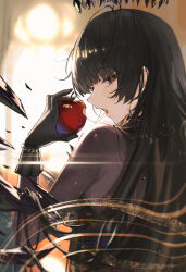 1girl apple arknights backlighting black_dress black_eyes black_gloves black_hair black_halo blunt_bangs bodystocking commentary dress drooling food from_behind fruit gloves halo hand_up highres holding holding_food holding_fruit long_hair looking_back mole mole_under_eye official_alternate_costume open_mouth saliva saliva_trail sidelocks solo symbol-only_commentary tongue upper_body virtuosa_(arknights) virtuosa_(diversity_oneness)_(arknights) watanab1019 yellow_pupils