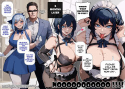 1boy 1girl alternate_costume bar_censor black_bra blue_dress blue_eyes blue_vest bow bowtie bra breasts censored commentary corruption dark_persona detached_collar dress elon_musk english_commentary english_text enmaided gloves highres kinohara_kossuta large_breasts looking_at_viewer maid maid_headdress microskirt mole mole_on_breast mole_under_eye navel netorare original pantyhose personification short_hair skirt tongue tongue_out twitter underwear vest white_gloves white_pantyhose