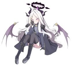 1girl absurdres ahoge azusa_(user_aasu3874) black_boots black_gloves black_halo black_skirt blue_archive boots demon_girl demon_horns demon_wings gloves halo highres hina_(blue_archive) horns long_hair looking_at_viewer panties purple_eyes simple_background sitting skirt solo underwear white_background white_hair wings