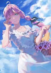 Rule 34 | 1girl, ;), ahoge, anyoji hime, basket, black ribbon, blue eyes, blue hair, blunt sidelocks, breasts, cleavage, cloud, collarbone, commentary request, cowboy shot, day, dress, elbow carry, flower, flower basket, hair intakes, hair ribbon, highres, holding, holding basket, link! like! love live!, looking at viewer, love live!, medium breasts, multi-tied hair, one eye closed, ponytail, puffy short sleeves, puffy sleeves, purple flower, ribbon, saidamoosu, short sleeves, sidelocks, smile, solo, virtual youtuber, white dress