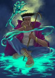 1boy bad_id bad_pixiv_id black_hair boots bracelet cane claws dark-skinned_male dark_skin earrings geb_(stand) headband highres hoop_earrings hydrokinesis jaaaan jewelry jojo_no_kimyou_na_bouken n&#039;doul sitting staff stand_(jojo) water white_eyes