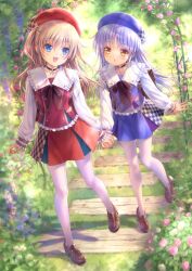 Rule 34 | 2girls, :d, :o, alternate costume, angel beats!, backpack, bag, beret, black bow, black choker, blue eyes, blue flower, blue hair, blue hat, blue rose, blue skirt, blue vest, blush, bow, brown bag, brown footwear, brown hair, buttons, charlotte (anime), choker, commentary request, company connection, crossover, day, eyes visible through hair, floating hair, flower, frilled shirt collar, frilled sleeves, frills, full body, garden, goto p, grass, hair between eyes, happy, hat, highres, holding hands, key (company), loafers, long hair, long sleeves, looking at another, miniskirt, multiple girls, open mouth, outdoors, pantyhose, pink flower, pink rose, red hat, red skirt, red vest, rose, school uniform, shirt, shoes, skirt, smile, standing, straight hair, tachibana kanade, teeth, tomori nao, two side up, upper teeth only, vest, white pantyhose, white shirt, yellow eyes