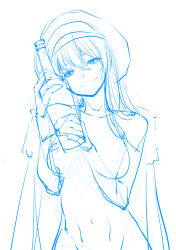 1girl andreanof_pepesha bottle breasts bukimi_isan closed_mouth cowboy_shot hair_between_eyes hat highres holding holding_bottle large_breasts long_hair monochrome shy_(series) sketch smile solo spirits_(shy) unfinished