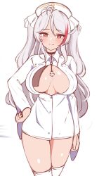 1girl absurdres azur_lane breasts brown_eyes collared_dress commentary_request dress grey_hair hair_between_eyes hand_on_own_hip hat highres large_breasts long_hair long_sleeves looking_at_viewer moyoron multicolored_hair nurse nurse_cap prinz_eugen_(azur_lane) red_hair simple_background solo streaked_hair thighhighs two_side_up very_long_hair white_background white_dress white_hat white_thighhighs