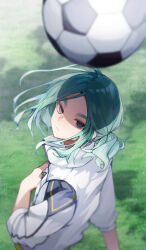 Rule 34 | 1boy, absurdres, back, ball, cie x6, collared jacket, from above, grass, green hair, highres, inazuma eleven (series), inazuma eleven victory road, jacket, long hair, looking up, male focus, medium hair, ponytail, sasanami unmei, soccer ball, soccer uniform, solo, sportswear, upper body, white jacket