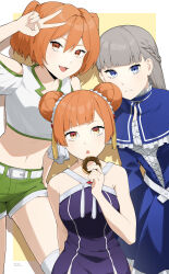3girls absurdres bare_shoulders belt blue_dress blue_eyes blunt_bangs braid breasts capelet commission cross-laced_clothes cross-laced_dress donut double_bun dress eating fingernails food frills grey_hair hair_bun hair_ornament highres kanne_(sousou_no_frieren) laufen_(sousou_no_frieren) lawine_(sousou_no_frieren) long_hair looking_at_viewer medium_breasts medium_hair midriff multiple_girls navel open_clothes orange_eyes orange_hair rifyaa short_hair shorts side_braids skeb_commission sleeveless small_breasts smile sousou_no_frieren thighs twintails v