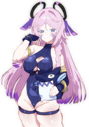 Rule 34 | 1girl, armlet, asymmetrical sleeves, bare shoulders, blue eyes, blue leotard, blue sleeves, braid, breasts, citlali (genshin impact), closed mouth, collarbone, covered navel, detached sleeves, expressionless, facial mark, feathers, floating headgear, forehead mark, fumei (pagamya), genshin impact, groin, headgear, jewelry, large breasts, leotard, long hair, long sleeves, pink feathers, pink hair, purple feathers, ribbed leotard, ribbed sleeves, ring hair ornament, simple background, solo, thigh strap, thighs, triangle, triangle facial mark, uneven sleeves, white background