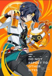1boy absurdres aqua_jacket asaba_harumasa bangboo_(zenless_zone_zero) black_choker black_hair black_necktie black_pants can choker clothes_around_waist collared_shirt drink_can fanta gloves grin hair_intakes headband highres holding holding_can jacket jacket_around_waist looking_at_viewer male_focus naru9 necktie one_eye_closed orange_background pants parted_bangs parted_lips pouch ribbon shirt short_hair smile soda_can solo thigh_strap white_shirt yellow_eyes yellow_gloves yellow_headband zenless_zone_zero