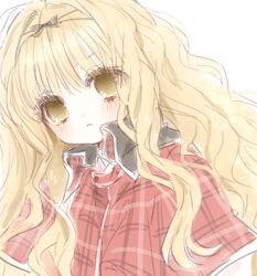 Rule 34 | 1girl, blonde hair, bow hairband, capelet, expressionless, hairband, high collar, highres, long hair, looking at viewer, mashiro rima, mipi (u3u 00), plaid capelet, plaid clothes, shugo chara!, solo, upper body, wavy hair, yellow eyes