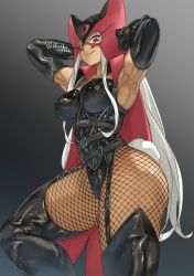 1girl armpits arms_up ass belt black_background black_gloves black_pantyhose boku_no_hero_academia breasts closed_mouth cosplay dark-skinned_female dark_skin doronjo doronjo_(cosplay) elbow_gloves eyelashes fishnets from_side garter_straps gloves gradient_background grey_background high_collar highres impossible_clothes latex long_hair looking_at_viewer looking_down mask mirko muscular muscular_female narrow_waist pantyhose rabbit_tail red_eyes shosho_oekaki skin_tight smile solo tail thighs very_long_hair white_hair yatterman