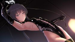 1girl absurdres backless_leotard backless_outfit black_gloves black_hair black_leotard black_thighhighs blue_archive bondage_outfit breasts closed_mouth crotch_zipper dominatrix double_bun dutch_angle elbow_gloves gloves grey_eyes grey_halo hair_bun halo highleg highleg_leotard highres holding holding_whip katsuten kisaki_(blue_archive) latex latex_gloves latex_leotard latex_thighhighs leotard long_hair looking_at_viewer small_breasts solo thighhighs twintails very_long_hair