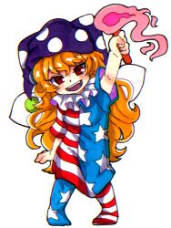1girl american_flag american_flag_dress american_flag_print blonde_hair clownpiece dress fairy_wings fire flag_print full_body hat holding holding_torch inuyama_konan long_hair looking_at_viewer open_mouth purple_fire purple_hat red_eyes short_sleeves simple_background smile solo star-shaped_pupils star_(symbol) symbol-shaped_pupils teeth torch touhou very_long_hair white_background wings
