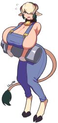 Rule 34 | 1girl, 2017, absurdres, animal ears, bell, blonde hair, blue overalls, blush, breasts, brown horns, cleavage, commentary, cow ears, cow girl, cow horns, cow tail, cowbell, english commentary, flying sweatdrops, full body, gloves, green eyes, green hair, hair over one eye, highres, holding milk churn, hooves, horns, huge breasts, lilirulu, looking at viewer, monster musume no iru nichijou, multicolored hair, neck bell, open mouth, overalls, ruto (monster musume), simple background, solo, tail, two-tone hair, white background, white gloves