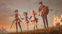 1boy 4girls absurdres bare_shoulders black_boots black_dress black_hair black_jacket black_pants black_shorts black_thighhighs boots breasts commentary dress dual_persona elbow_pads encore_(wuthering_waves) english_commentary female_rover_(wuthering_waves) hand_grab highres holding holding_shield holding_sword holding_weapon jacket jvn large_breasts looking_at_another low_ponytail male_rover_(wuthering_waves) multiple_girls pants pink_hair pink_skirt ponytail pouch rover_(wuthering_waves) shield shorts skirt sleeveless sleeveless_dress sleeves_rolled_up sword thigh_boots thigh_pouch thighhighs thighhighs_under_boots thighs weapon white_dress wuthering_waves