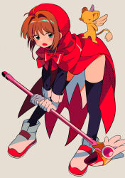 1girl ben-day_dots bent_over beret blue_leotard blue_thighhighs bow brown_hair cape cardcaptor_sakura commentary creature dithering full_body gloves green_eyes hat holding holding_wand kero_(cardcaptor_sakura) kinomoto_sakura kinomoto_sakura_(shadowy_night) leotard long_sleeves looking_at_viewer magical_girl red_bow red_cape red_hat sanamaru_(sana79261827) screentones short_hair simple_background standing_on_another&#039;s_back thighhighs wand white_gloves