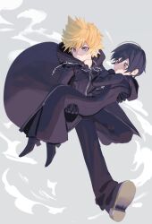1boy 1girl ao_ringo_(yakirinngo_ha) black_coat black_coat_(kingdom_hearts) black_gloves black_hair black_pants blue_eyes blush carrying closed_mouth coat full_body gloves grey_background hair_between_eyes hood hood_down kingdom_hearts kingdom_hearts_358/2_days long_sleeves looking_at_another pants princess_carry roxas short_hair simple_background spiked_hair xion_(kingdom_hearts)