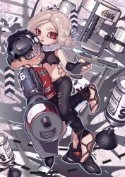 1boy 1girl absurdres aiming aiming_at_viewer black_hair black_leggings black_pants black_shirt black_shoes blaster_(splatoon) blonde_hair choker crop_top drill_hair eyebrow_cut fingernails full_body goggles goggles_on_head gradient_hair grey_eyes grin gun hair_between_eyes hand_wraps highres holding holding_gun holding_weapon jacket leg_wrap leggings looking_at_viewer medium_hair midriff multicolored_hair n-zap_(splatoon) navel nezumi_(tuboshu2013) nintendo octoling octoling_boy octoling_girl octoling_player_character open_mouth pants parted_bangs red_eyes red_jacket red_pupils sharp_fingernails shirt shoes short_hair smile sneakers splatoon_(series) splatoon_3 suction_bomb_(splatoon) tacticooler_(splatoon) tentacle_hair torn_clothes torn_leggings torn_shirt twin_drills waraji weapon white_choker