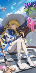 Rule 34 | 1girl, absurdres, balloon, black bow, black collar, black gloves, blonde hair, blue sash, blue sky, book, boots, bow, closed mouth, collar, commentary, confetti, day, gloves, hair bow, hat, high heel boots, high heels, highres, holding, holding book, knees together feet apart, knees up, long sleeves, looking at viewer, nimbus wraith (wuthering waves), on stairs, outdoors, panties, panties under pantyhose, pantyhose, pantylines, phoebe (wuthering waves), purple eyes, sash, shirt, sitting, skirt, sky, smile, solo, staff, striped bow, tacet discord (wuthering waves), underwear, white boots, white hat, white pantyhose, white shirt, white skirt, wuthering waves, yuridango