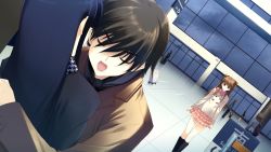 10s 1boy 2girls airport black_hair blue_hair brown_eyes brown_hair closed_eyes game_cg hug kitahara_haruki long_hair multiple_girls ogiso_setsuna open_mouth skirt touma_kazusa white_album_(series) white_album_2
