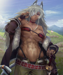 2girls abs absurdres ahoge animal_ear_fluff animal_ears bandeau bare_shoulders bed_sheet belt black_jacket black_panties blue_sky breasts bridal_gauntlets cat_ears cat_tail choker cleavage closed_mouth cloud collarbone commentary cowboy_shot dark-skinned_female dark_skin day eris_greyrat ethan_wylie eyepatch facial_scar fur-trimmed_jacket fur_trim ghislaine_dedoldia green_pants hair_between_eyes hand_on_hilt hand_up highleg highleg_panties highres jacket large_breasts long_hair long_sleeves looking_at_viewer mountainous_horizon multiple_girls muscular muscular_female mushoku_tensei navel obliques off_shoulder open_belt open_pants outdoors panties pants red_bandeau red_choker red_eyes scar scar_on_cheek scar_on_face scar_on_stomach sheet_grab sidelocks signature sky solo_focus standing stomach sword tail tail_ornament tail_ring underboob underwear weapon white_belt