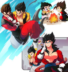Rule 34 | 2boys, black hair, blue eyes, blue sash, dougi, dragon ball, dragon ball heroes, dragon ball super, earrings, gloves, gogeta, jewelry, long hair, male focus, metamoran vest, monkey boy, monkey tail, multiple boys, muscular, muscular male, ommmyoh, open mouth, pants, potara earrings, red fur, saiyan, sash, spiked hair, super saiyan, super saiyan 4, tail, time patrol (dragon ball), twitter username, vegetto, vegetto (xeno)