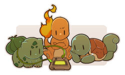 border bulbasaur charmander full_body game_boy gen_1_pokemon handheld_game_console lying nintendo no_humans on_stomach plant playing_games pokemon pokemon_(creature) simple_background solid_oval_eyes squirtle starter_pokemon_trio tetori vines white_border