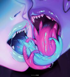 2girls artist_name blue_skin colored_skin demon_girl fangs green_skin head_out_of_frame highres kiss kiss_focus long_tongue mathilde_perie multiple_girls original saliva sharp_teeth teeth tongue tongue_out yuri