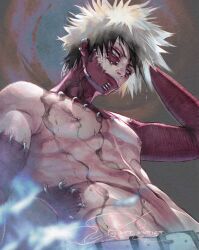 1boy aqua_eyes artistdkt belt black_hair blue_eyes boku_no_hero_academia burn_scar cheek_piercing dabi_(boku_no_hero_academia) earrings gradient_hair highres jewelry looking_at_viewer male_focus multicolored_hair multiple_scars nipple_piercing nipples piercing scar scar_on_face short_hair simple_background solo spiked_hair stapled stitches wet white_hair