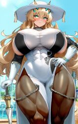 1girl abs absurdres bare_shoulders barghest_(fate) barghest_(fgo_fes._2025)_(fate) biceps black_dress blonde_hair blush breasts brown_pantyhose chain covered_navel dress elbow_gloves fate/grand_order fate_(series) gloves green_eyes hat highres horns huge_breasts jewelry long_hair looking_at_viewer muscular muscular_female necklace pantyhose pelvic_curtain raskasar sideboob solo sun_hat thick_thighs thighs two-tone_dress umbrella white_dress white_gloves white_hat