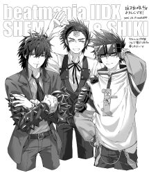 3boys beatmania_iidx belt bemani blazer closed_mouth collared_shirt commentary_request cowboy_shot dated fake_horns greyscale grin horns jacket layered_sleeves long_sleeves looking_at_viewer male_focus maoh_(aburaage0528) monochrome multiple_boys neck_ribbon necktie pants ribbon shem shiki_(beatmania) shirt short_hair short_over_long_sleeves short_sleeves simple_background smile spiked_hair spiked_sleeves vest yuz_(beatmania)