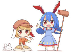 Rule 34 | 2girls, :d, animal ears, arata toshihira, barefoot, blonde hair, blue dress, blue hair, blush, brown hat, chibi, chibi only, commentary request, dango, dress, floppy ears, food, frilled dress, frilled shirt, frilled shorts, frills, hand on own ankle, hat, highres, holding, holding food, holding mallet, inaba mob (touhou), kine, long hair, mallet, moon print, multiple girls, newsboy cap, open mouth, orange shirt, outstretched hand, rabbit, rabbit ears, rabbit girl, red eyes, ringo (touhou), seiran (touhou), shirt, short hair, shorts, simple background, sitting, smile, socks, star (symbol), star print, striped clothes, striped shorts, touhou, twintails, wagashi, white background, white rabbit (animal), white socks, yellow shorts