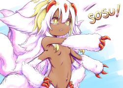 Rule 34 | 1girl, ane moire, breasts, claws, commentary, dark-skinned female, dark skin, english commentary, faputa, hands on own hips, highres, made in abyss, monster girl, no nipples, nude, open mouth, outie navel, pointing, pointing forward, small breasts, solo, teeth, upper body, upper teeth only, v-shaped eyebrows, white fur, white hair, yellow eyes