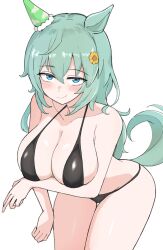 Rule 34 | 1girl, animal ears, bikini, black bikini, blue eyes, breasts, cleavage, ear covers, green hair, highres, horse ears, horse girl, horse tail, large breasts, looking at viewer, miya nns35, seiun sky (umamusume), simple background, single ear cover, smile, solo, swimsuit, tail, thighs, umamusume, white background