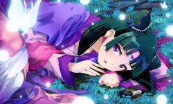 Rule 34 | absurdres, beads, blunt bangs, bug, butterfly, chinese clothes, collarbone, double bun, earrings, foliage, freckles, glowing, green hair, hair bun, hair ornament, hanfu, highres, insect, jewelry, kusuriya no hitorigoto, long sleeves, looking at viewer, lying, maomao (kusuriya no hitorigoto), on side, open mouth, orb, purple eyes, purple hanfu, sengoku chidori, sidelocks