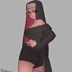 1girl absurdres artist_name ass breasts fang hand_on_own_hip highres large_breasts legs long_hair nun original pink_eyes pink_hair seductive_gaze seductive_smile sideboob smile thighs