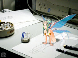 Rule 34 | 1girl, armlet, ashtray, blush, breasts, commentary request, computer, elf, eraser, fairy wings, green eyes, interactive media, jewelry, looking at viewer, mechanical pencil, mini person, minigirl, mixed media, nude, original, pencil, photo background, pointy ears, sidelocks, small breasts, solo, wings, yukiyoshi