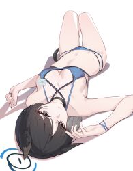 Rule 34 | absurdres, animal ears, bikini, black eyes, black hair, black tail, blue archive, blue bikini, blue halo, cat ears, cat girl, cat tail, colored inner animal ears, criss-cross halter, criss-cross straps, halo, halterneck, highres, kikyou (blue archive), kikyou (swimsuit) (blue archive), layered bikini, looking at viewer, multi-strapped bikini bottom, nail polish, nokku (ren nokku), official alternate costume, short hair, swimsuit, tail, white background