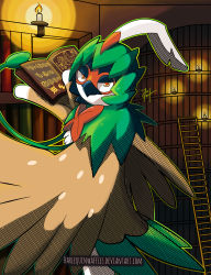 Rule 34 | absurdres, bird, book, bookshelf, candle, candlelight, commentary, commentary typo, copyright name, decidueye, deviantart username, english commentary, gen 7 pokemon, harlequinwaffles, highres, holding, holding book, indoors, ladder, legendary pokemon, library, looking at viewer, lunala, mixed-language commentary, nintendo, no humans, open book, owl, pokemon, pokemon (creature), pokemon focus, solgaleo, solo, spanish commentary, unownglyphics, watermark, web address, wings