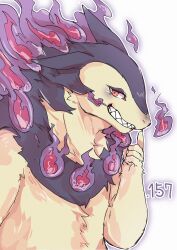 absurdres ao_gravity commentary_request finger_to_mouth furry grin highres hisuian_typhlosion looking_at_viewer nintendo pokemon pokemon_(creature) red_eyes smile upper_body white_background