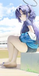 1girl absurdres ass barefoot black_halo black_shirt blue_archive blue_buruma blue_eyes blue_hair blue_jacket blue_sky buruma closed_mouth cloud cloudy_sky commentary_request day gym_shirt gym_uniform half_updo halo highres jacket jacket_partially_removed long_hair looking_at_viewer mechanical_halo off_shoulder official_alternate_costume official_alternate_hairstyle outdoors parted_bangs shirt shoes short_sleeves sitting sky solo songchuan_li star_sticker sticker_on_face thighs toes track_jacket unworn_shoes yuuka_(blue_archive) yuuka_(track)_(blue_archive)