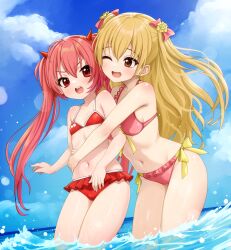 2girls absurdres bikini blonde_hair breasts commentary commission comodox demon_horns english_commentary flat_chest hidan_no_aria highres horns kanzaki_h._aria medium_breasts mine_riko multiple_girls navel ocean open_mouth pink_bikini red_bikini red_eyes red_hair swimsuit teeth twintails upper_teeth_only wading